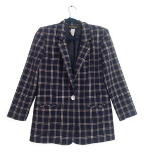 Vintage Requirements Womens Petite Navy Plaid Blazer Suit Jacket Equestrian Chic